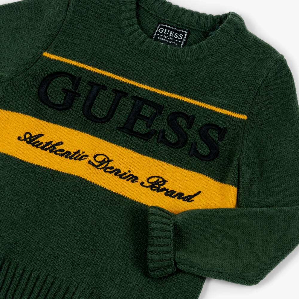 Guess-Boys Dark Green Knitted Sweater with Embroidered Logo | Childrensalon Outlet