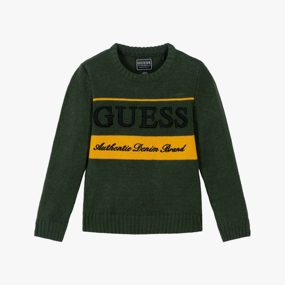 Guess-Boys Dark Green Knitted Sweater with Embroidered Logo | Childrensalon Outlet