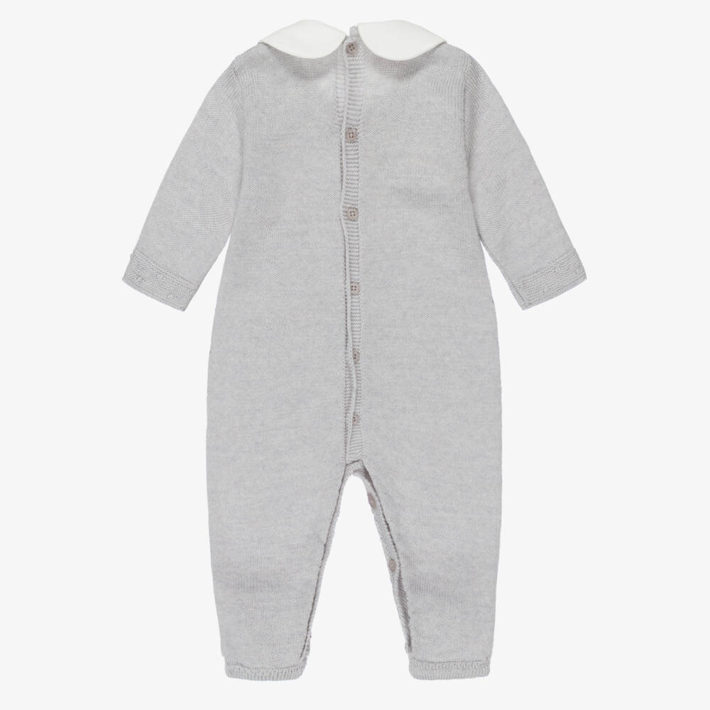 PAZ Rodríguez-Boys Dove Grey Wool Knit Babygrow with White Collar | Childrensalon Outlet
