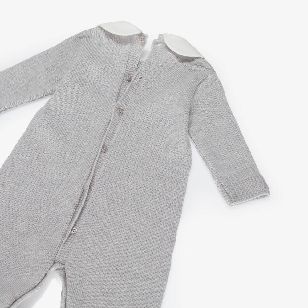 PAZ Rodríguez-Boys Dove Grey Wool Knit Babygrow with White Collar | Childrensalon Outlet