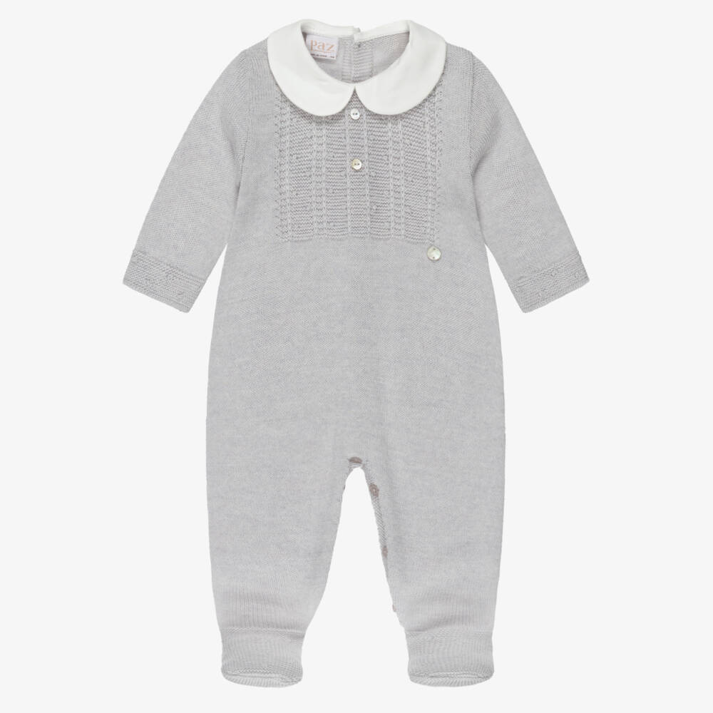 PAZ Rodríguez-Boys Dove Grey Wool Knit Babygrow with White Collar | Childrensalon Outlet