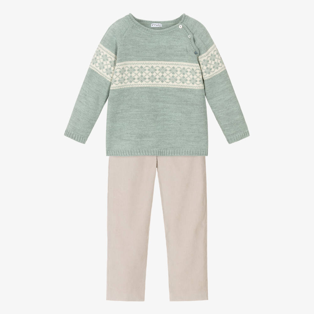 Mebi-Boys Green & Beige Fair Isle Trouser Set | Childrensalon Outlet