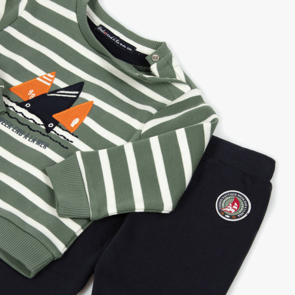 Week-end à la mer-Boys Green & Blue Cotton Jersey Trouser Set | Childrensalon Outlet