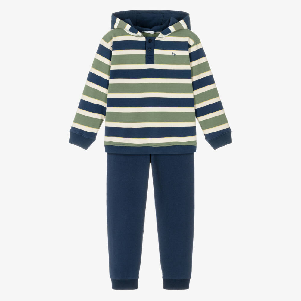 Tutto Piccolo-Boys Green & Blue Striped Cotton Tracksuit | Childrensalon Outlet