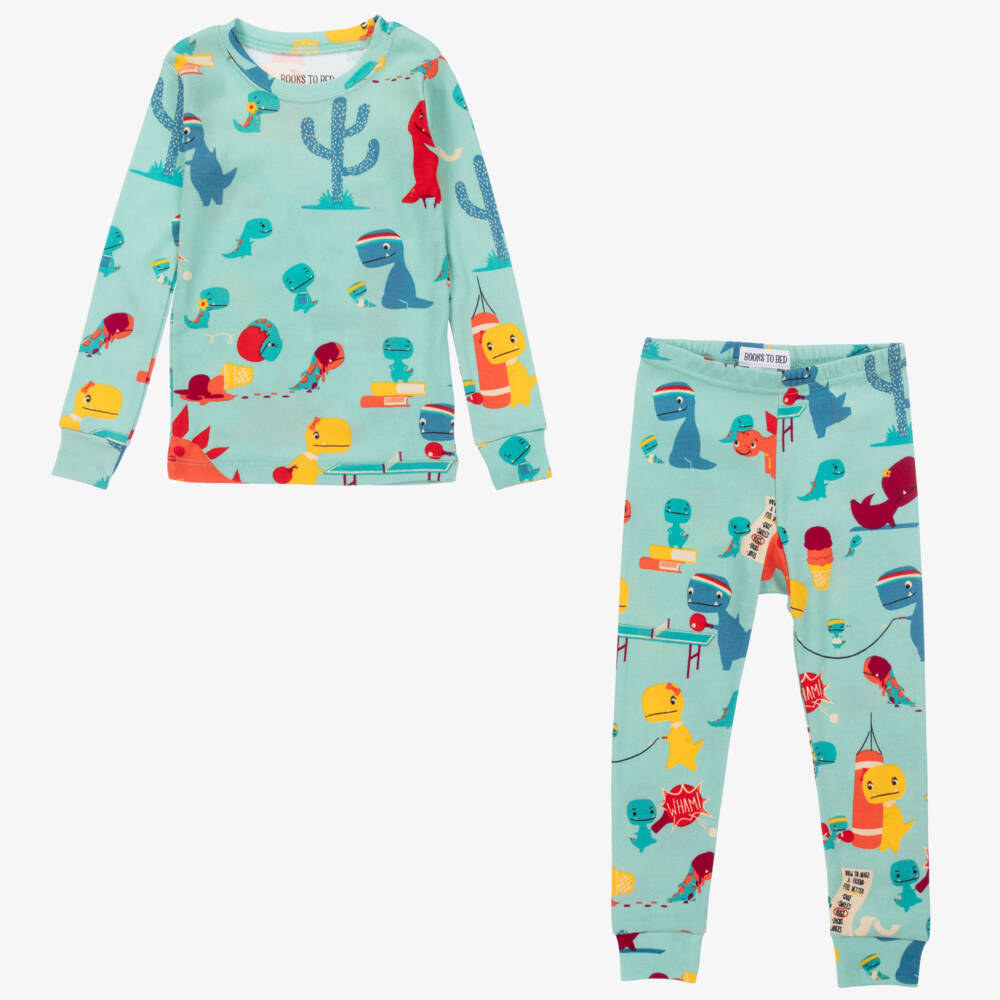 Books to Bed-Boys Green Cotton Dino Pyjamas & Book Set | Childrensalon Outlet