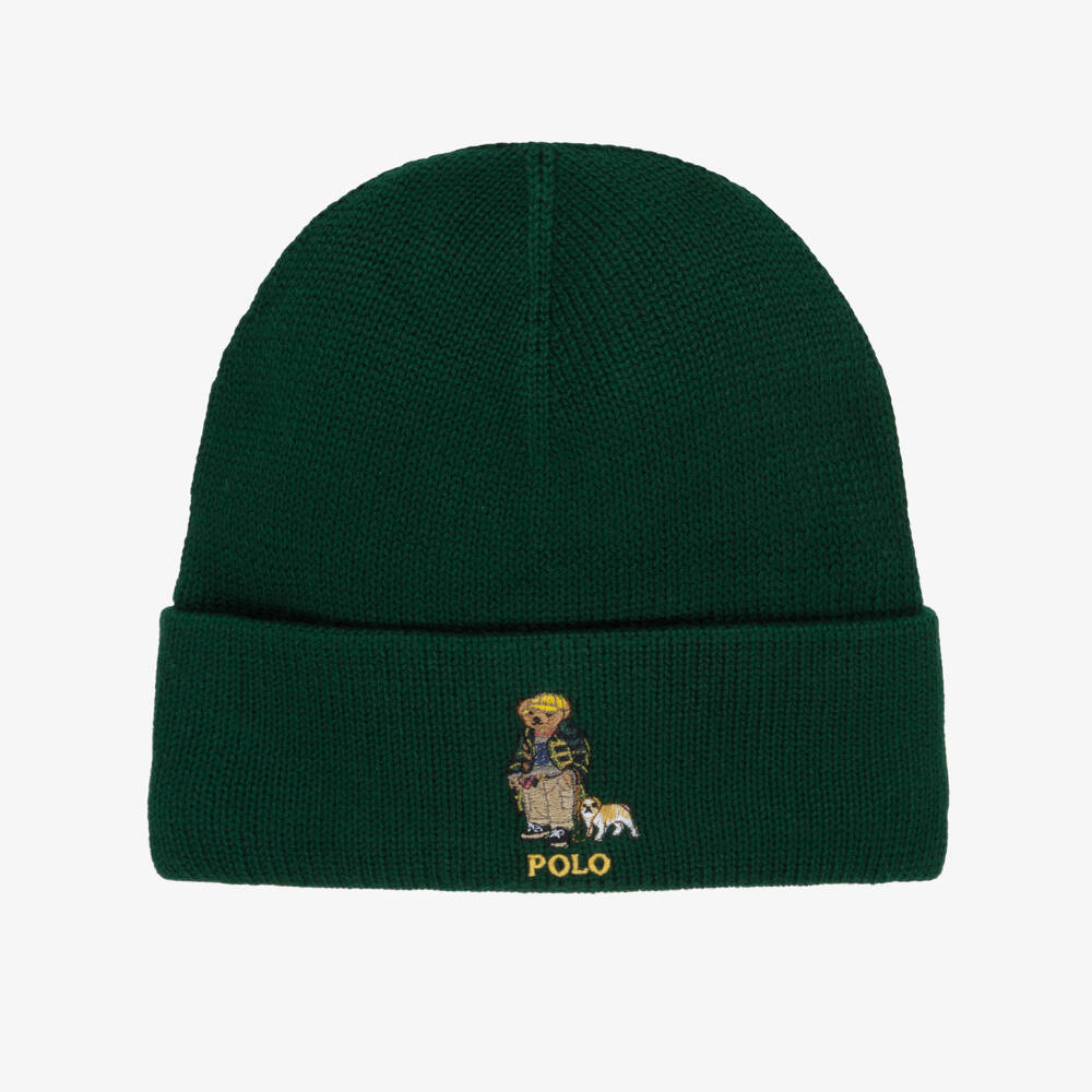 Ralph Lauren-Boys Green Cotton Knit Polo Bear Beanie Hat | Childrensalon Outlet