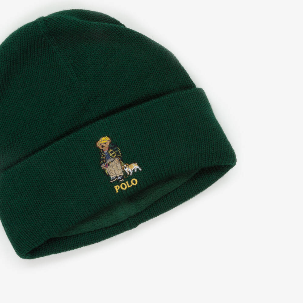 Ralph Lauren-Boys Green Cotton Knit Polo Bear Beanie Hat | Childrensalon Outlet