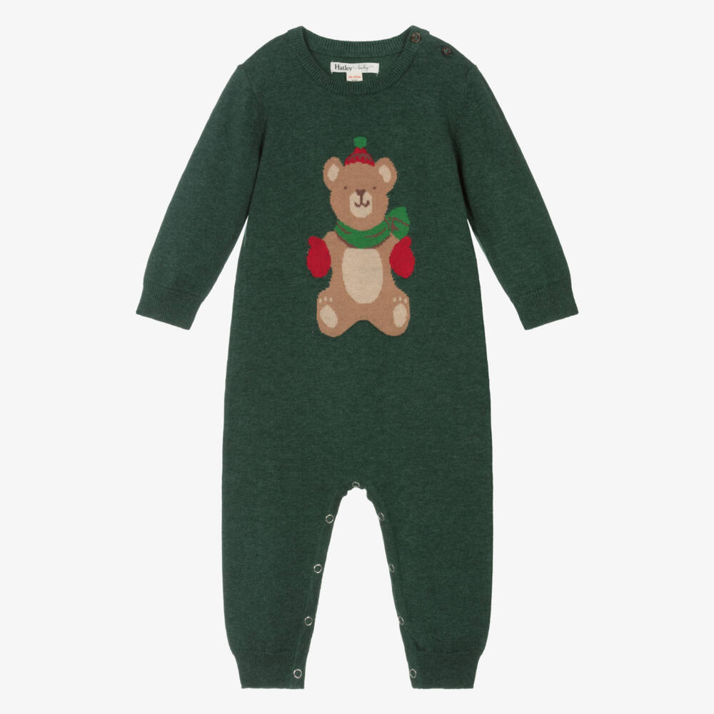 Hatley-Boys Green Cotton Knit Teddy Bear Romper | Childrensalon Outlet