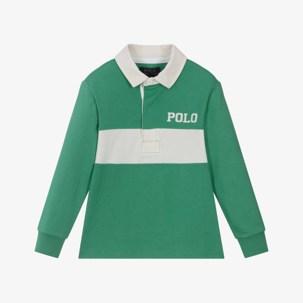 Ralph Lauren-Boys Green Cotton Logo Rugby Shirt with White Stripe | Childrensalon Outlet