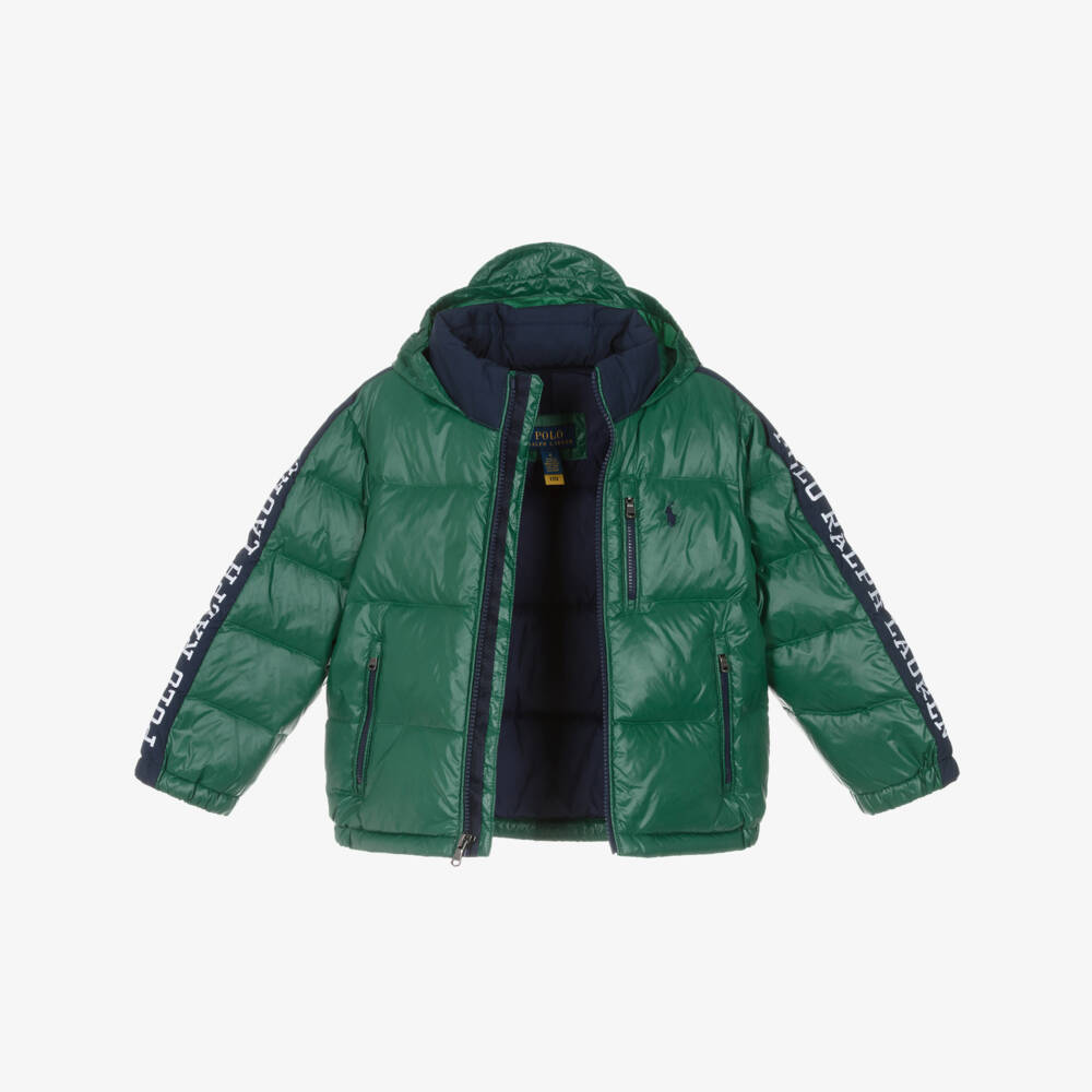 Ralph Lauren-Boys Green Down Puffer Jacket with Foldaway Hood | Childrensalon Outlet