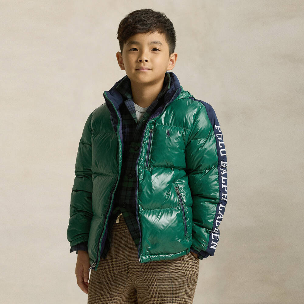 Ralph Lauren-Boys Green Down Puffer Jacket with Foldaway Hood | Childrensalon Outlet