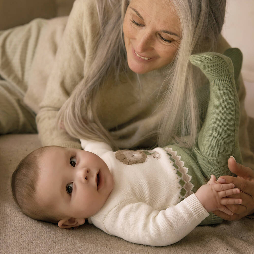 Mayoral Newborn-Boys Green & Ivory Cotton Knit Babygrow with Bear & Lion | Childrensalon Outlet