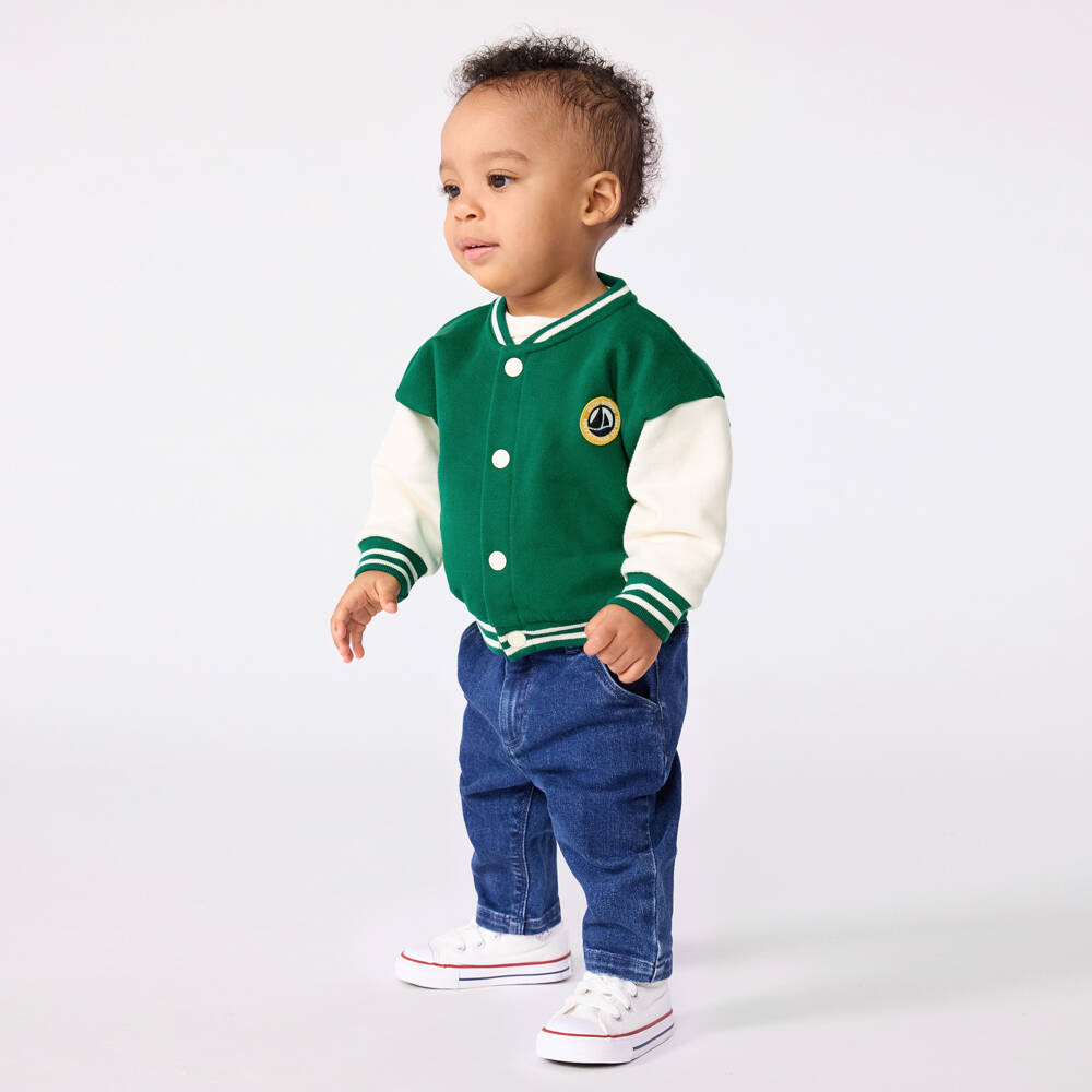 Petit Bateau-Boys Green & Ivory Cotton Varsity Jacket | Childrensalon Outlet