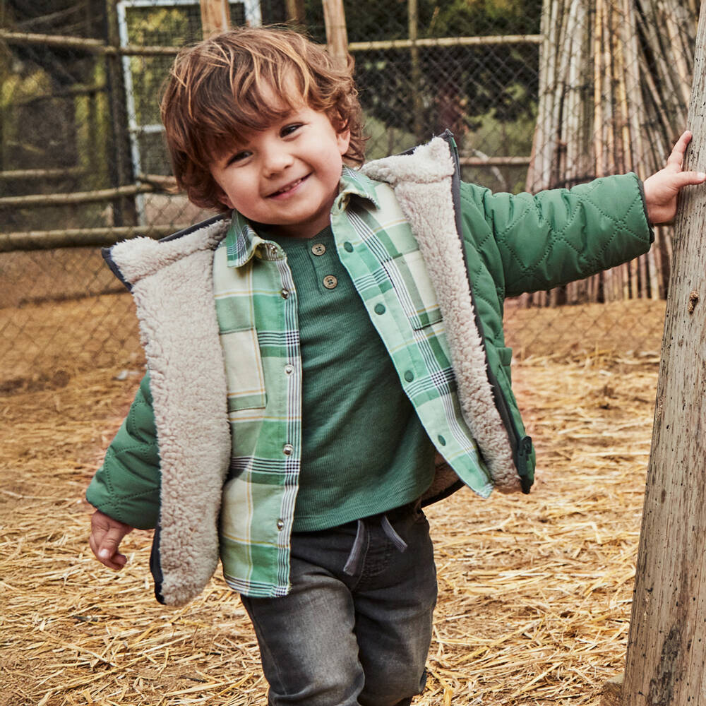 Mayoral-Boys Green & Ivory Reversible Teddy Fleece Coat | Childrensalon Outlet