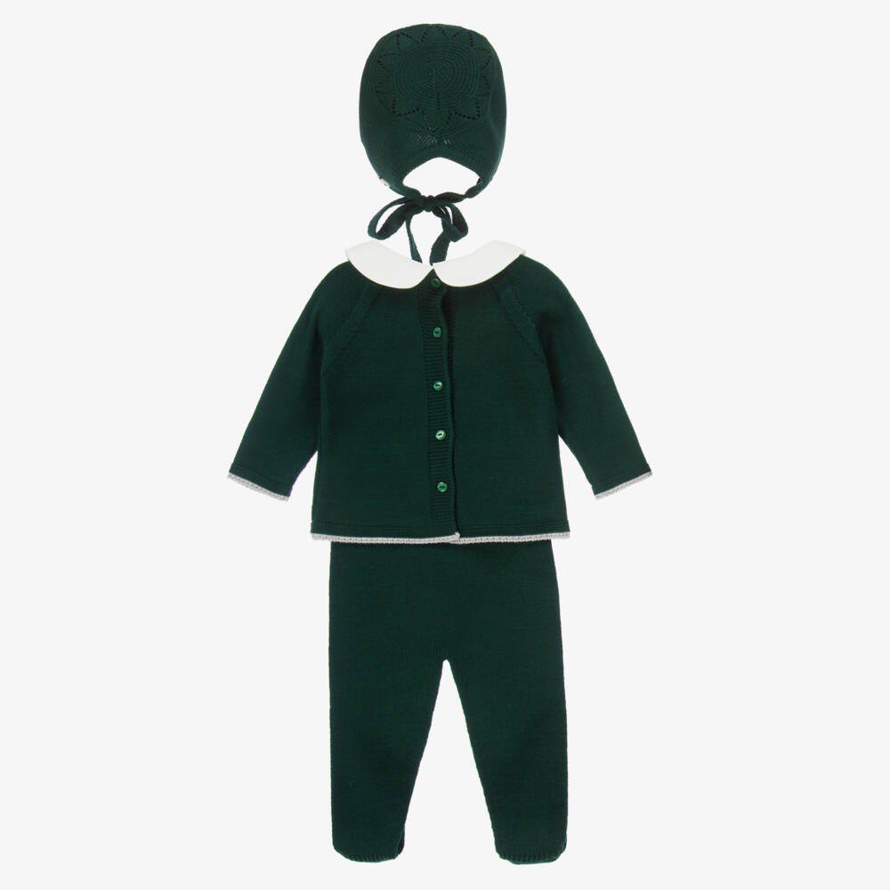 Artesanía Granlei-Boys Green Knitted Babysuit Set with Bear Motif | Childrensalon Outlet