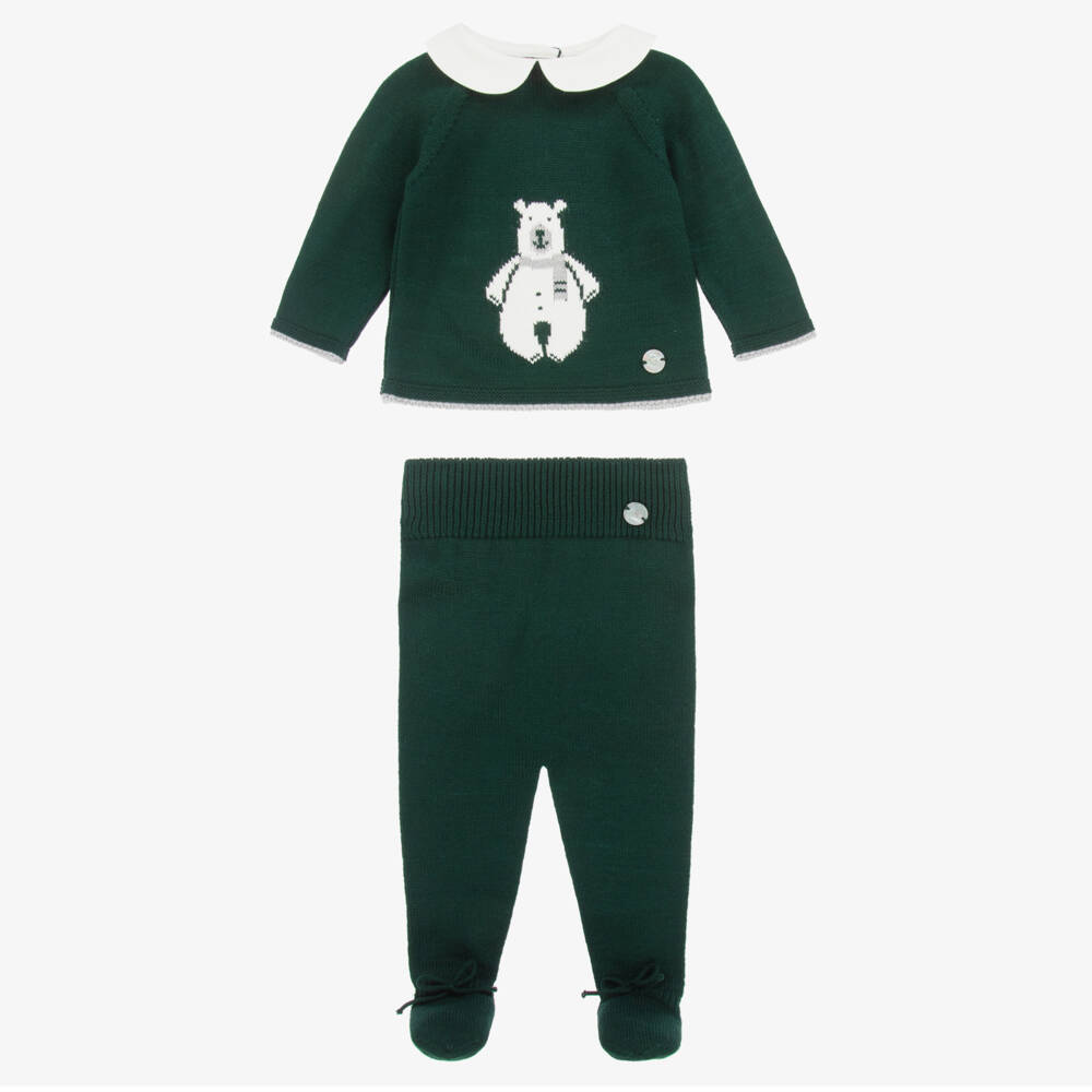 Artesanía Granlei-Boys Green Knitted Babysuit Set with Bear Motif | Childrensalon Outlet
