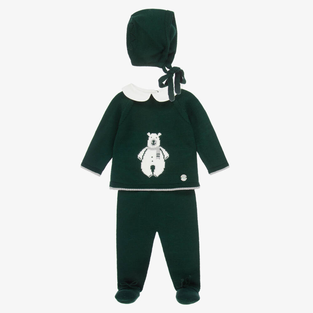 Artesanía Granlei-Boys Green Knitted Babysuit Set with Bear Motif | Childrensalon Outlet