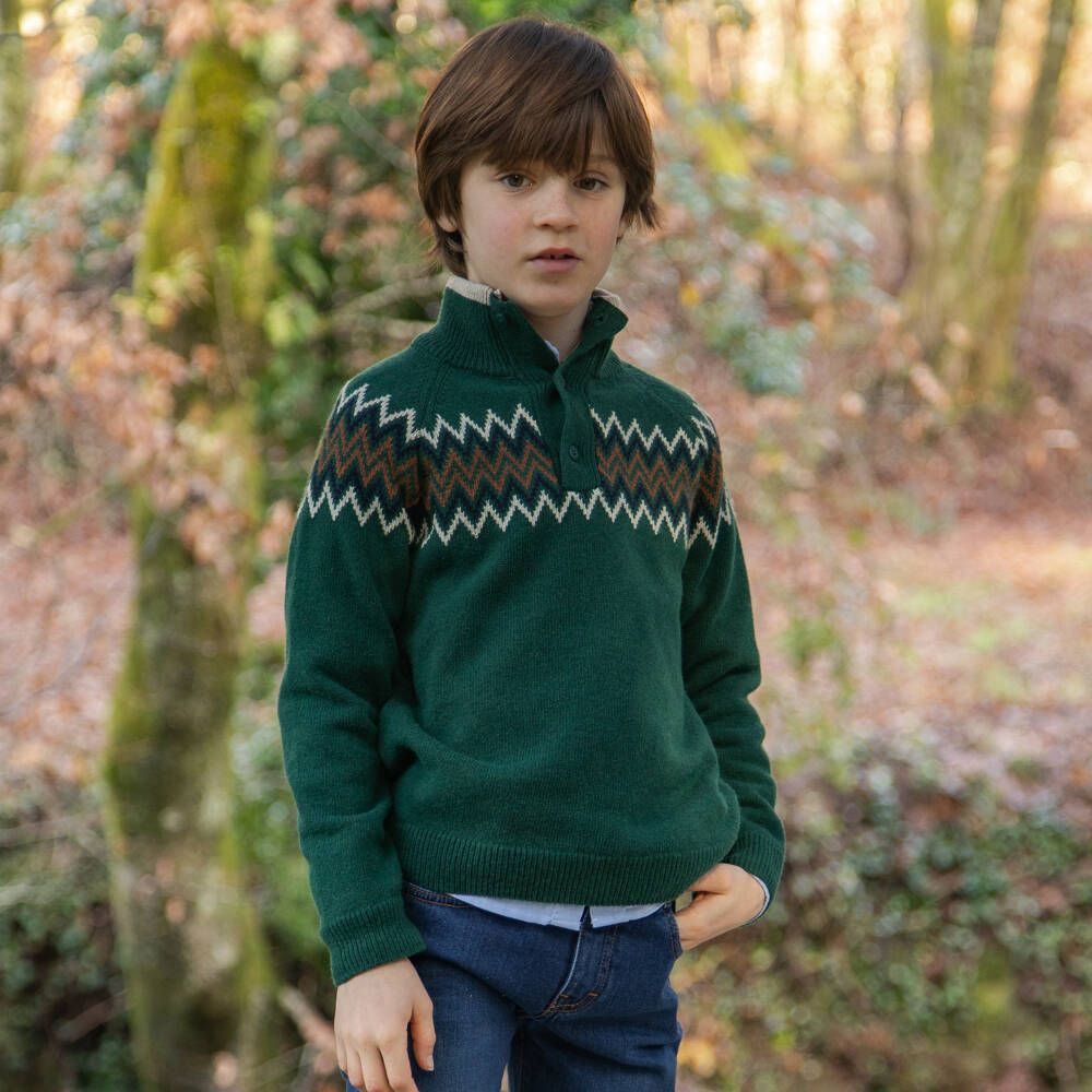 Dr. Kid-Boys Green Knitted Fair Isle Jumper with Buttoned Turtleneck | Childrensalon Outlet
