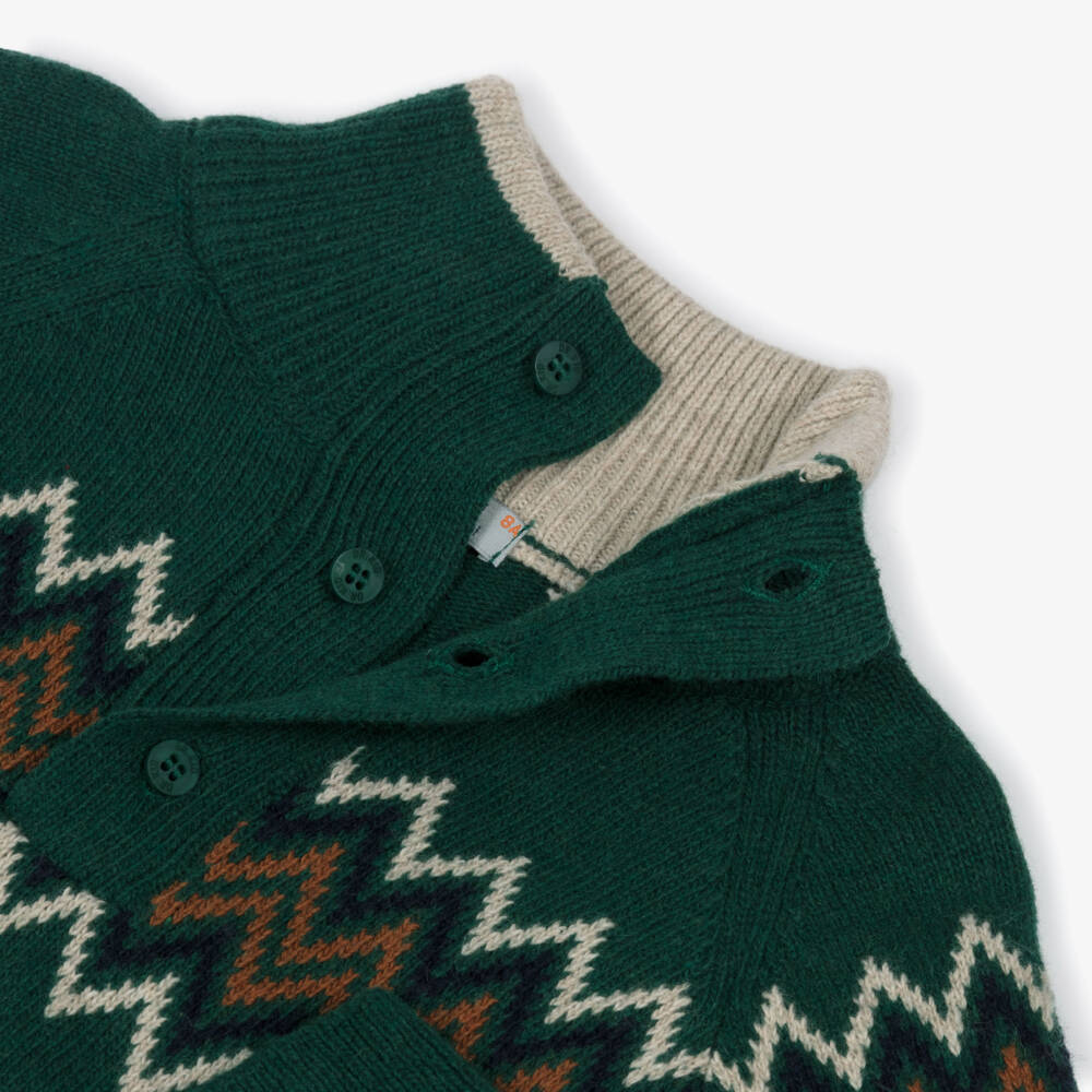 Dr. Kid-Boys Green Knitted Fair Isle Jumper with Buttoned Turtleneck | Childrensalon Outlet