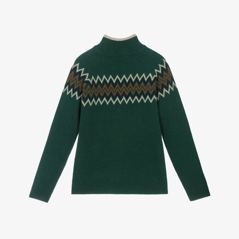 Dr. Kid-Boys Green Knitted Fair Isle Jumper with Buttoned Turtleneck | Childrensalon Outlet