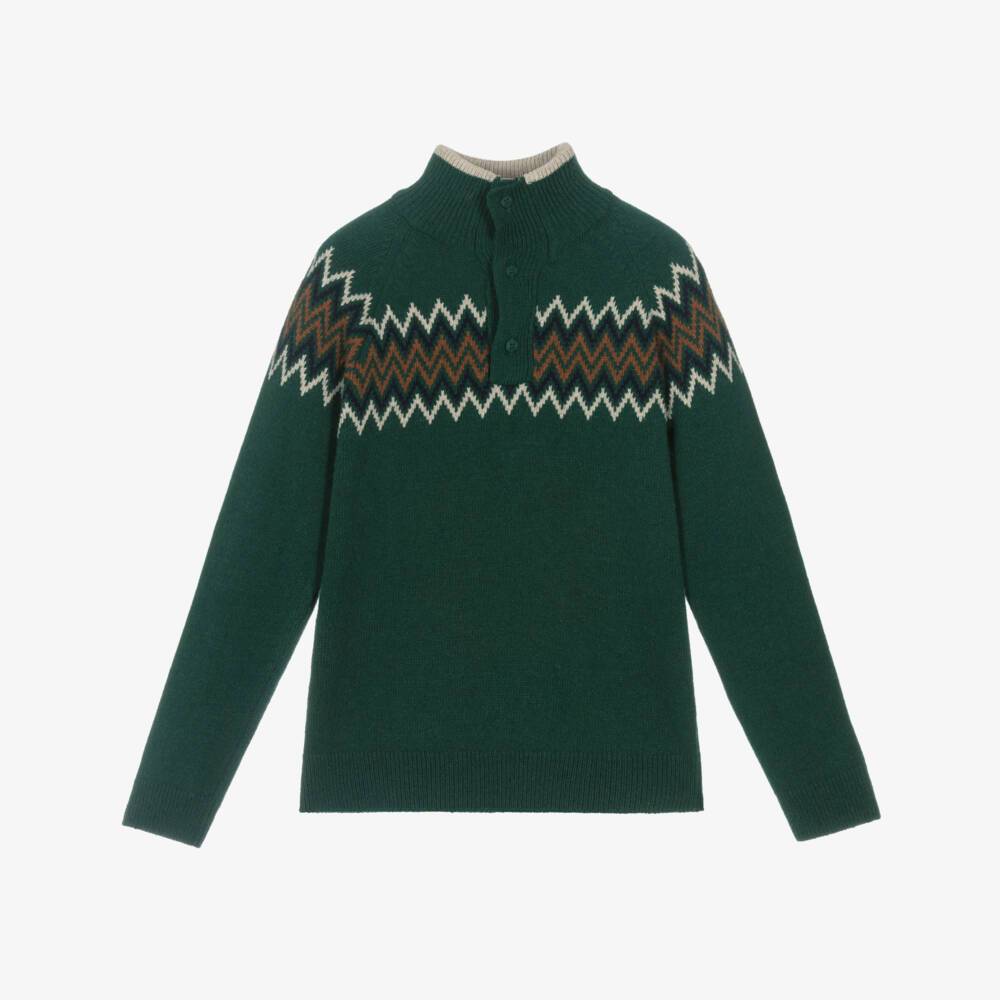 Dr. Kid-Boys Green Knitted Fair Isle Jumper with Buttoned Turtleneck | Childrensalon Outlet