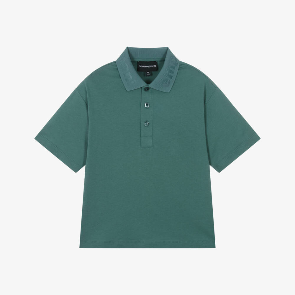 Emporio Armani-Boys Green Logo Collar Cotton Polo Shirt | Childrensalon Outlet