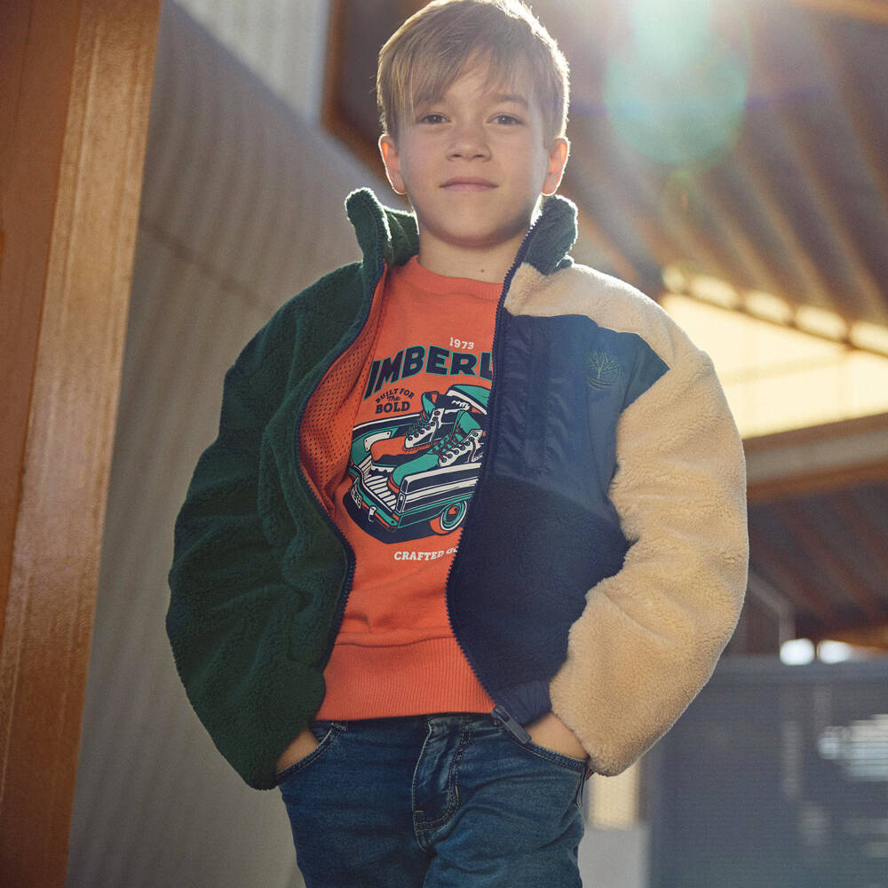 Timberland-Boys Green & Navy Blue Colourblock Teddy Fleece Jacket | Childrensalon Outlet