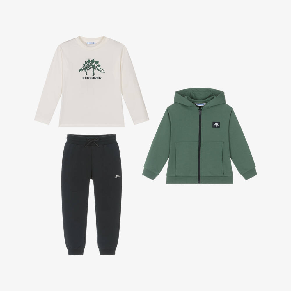 Mayoral-Boys Green & Navy Blue Cotton Dinosaur Tracksuit Set | Childrensalon Outlet