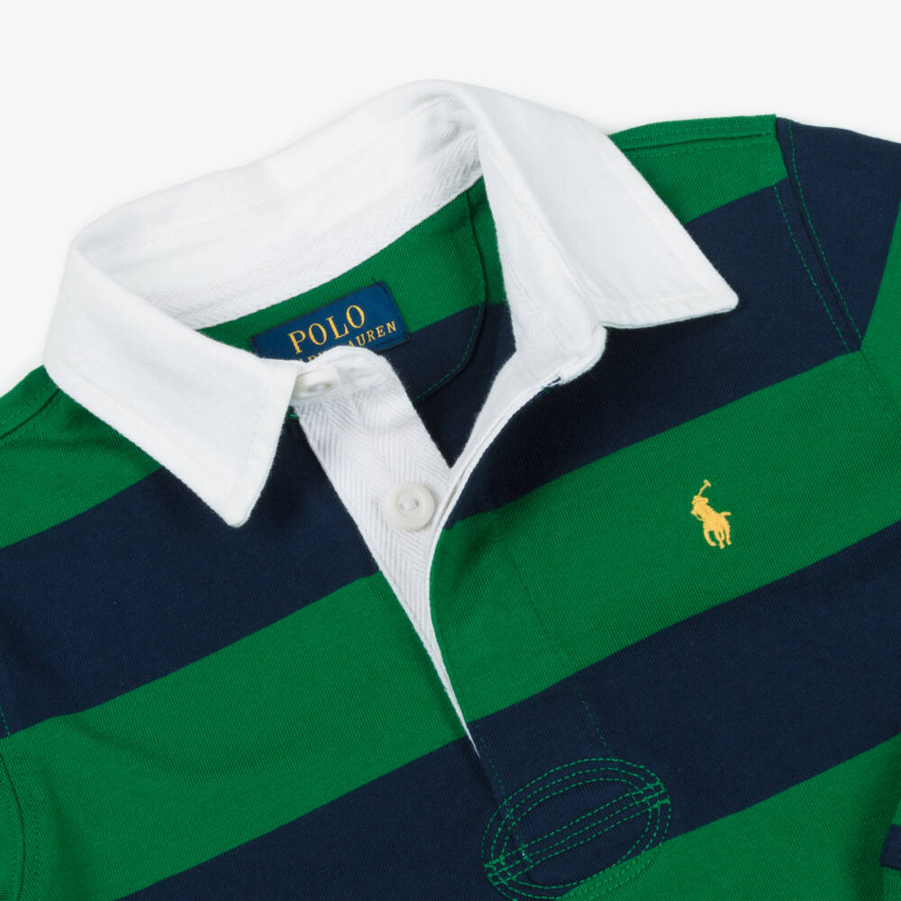 Ralph Lauren-Boys Green & Navy Blue Stripe Rugby Shirt | Childrensalon Outlet