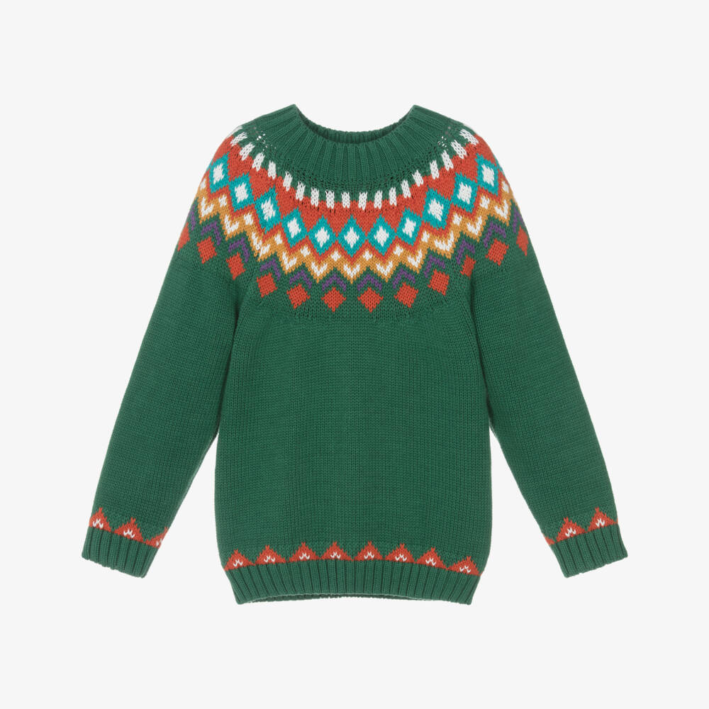 Frugi-Boys Green Organic Cotton Knit Fair Isle Sweater | Childrensalon Outlet