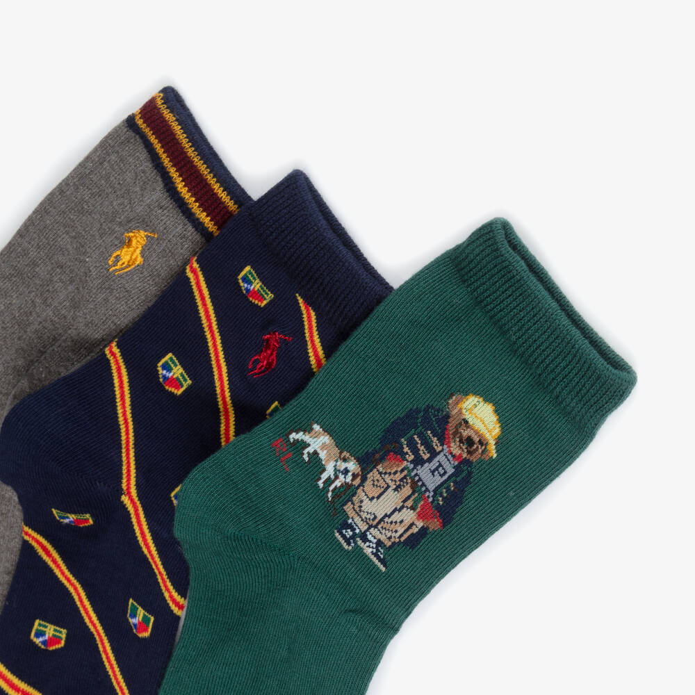 Ralph Lauren-Boys Green Polo Bear & Pony Logo Knitted Socks (3 Pack) | Childrensalon Outlet