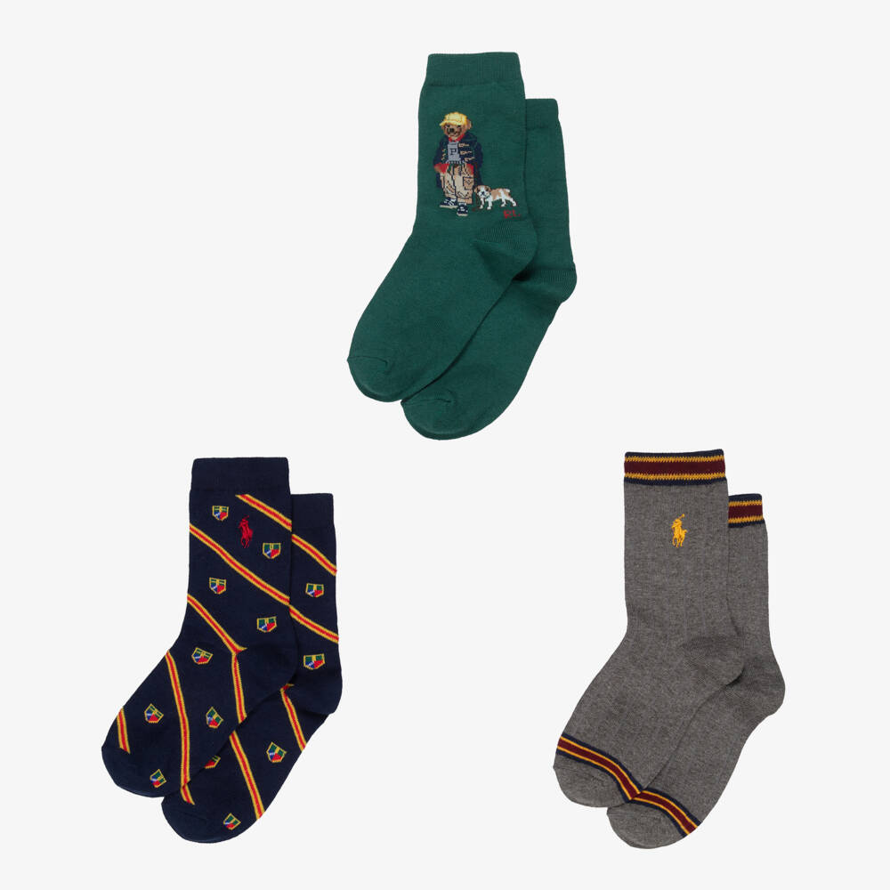 Ralph Lauren-Boys Green Polo Bear & Pony Logo Knitted Socks (3 Pack) | Childrensalon Outlet