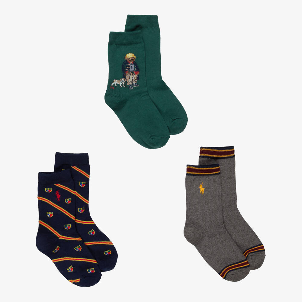 Ralph Lauren-Boys Green Polo Bear & Pony Logo Knitted Socks (3 Pack) | Childrensalon Outlet