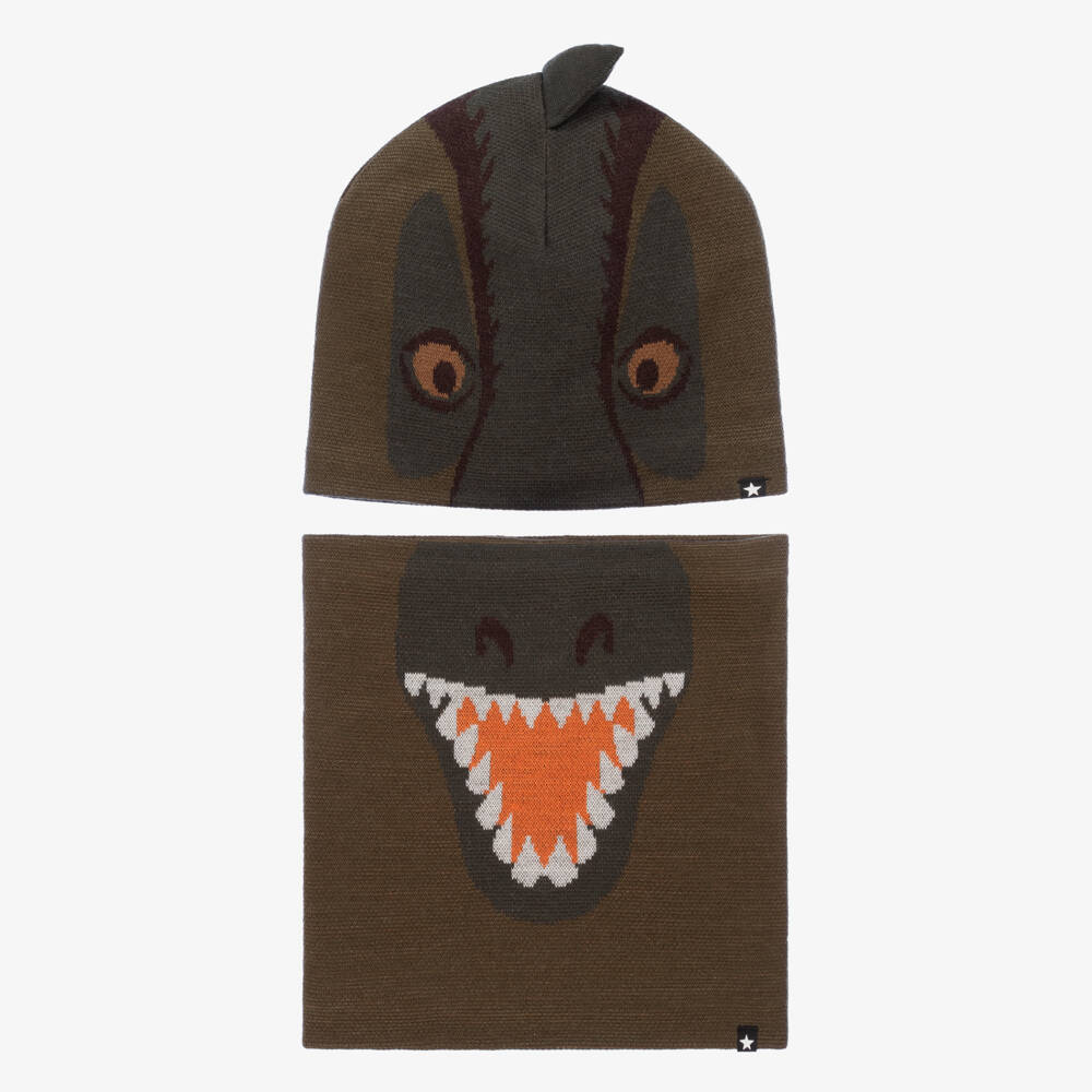 Molo-Boys Green Wool Dinosaur Hat & Snood Set | Childrensalon Outlet