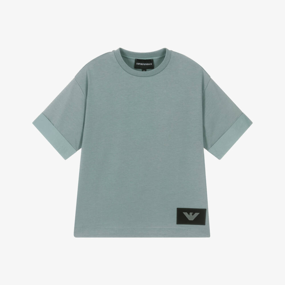 Emporio Armani-Boys Grey-Blue Cotton T-Shirt with Lenticular Patch Logo | Childrensalon Outlet