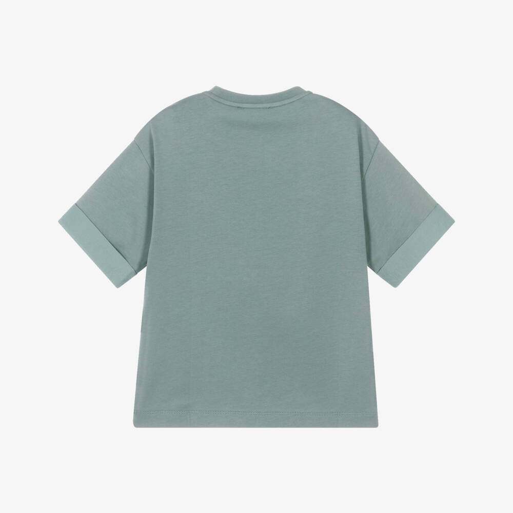 Emporio Armani-Boys Grey-Blue Cotton T-Shirt with Lenticular Patch Logo | Childrensalon Outlet