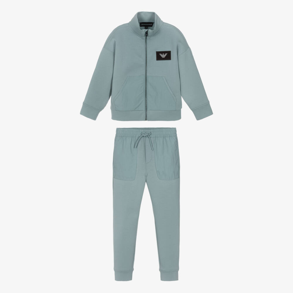 Emporio Armani-Boys Grey-Blue Cotton Tracksuit with Lenticular Logo Patch | Childrensalon Outlet