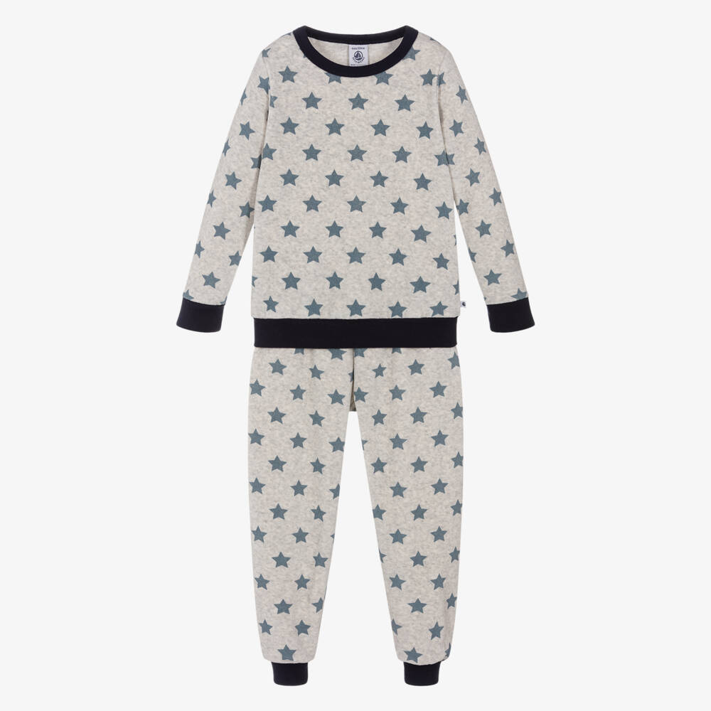 Petit Bateau-Boys Grey & Blue Star Print Velour Pyjamas | Childrensalon Outlet