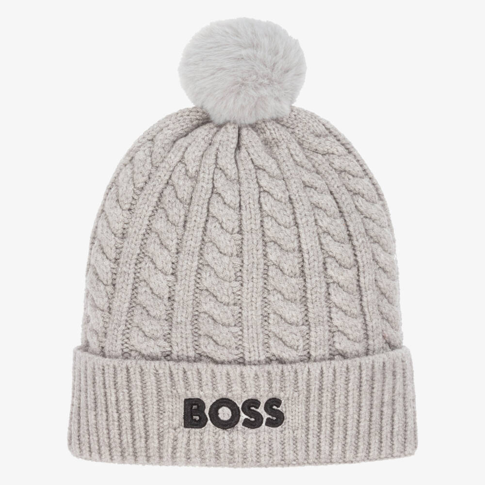 BOSS-Boys Grey Cable Knit Bobble Hat | Childrensalon Outlet