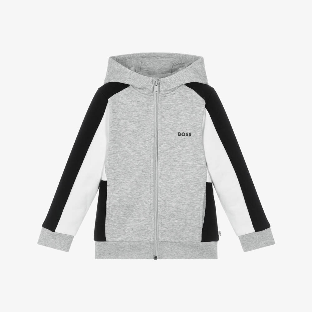 BOSS-Boys Grey Colourblock Cotton Jersey Zip-Up Top | Childrensalon Outlet