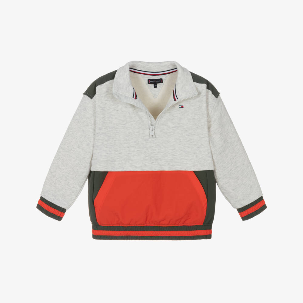 Tommy Hilfiger-Boys Grey Colourblock Quarter-Zip Sweatshirt | Childrensalon Outlet
