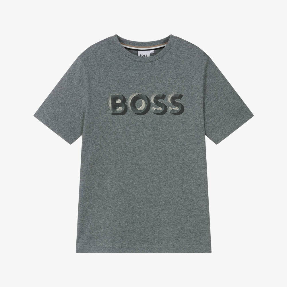 BOSS-Boys Grey Cotton 3D Logo T-Shirt | Childrensalon Outlet