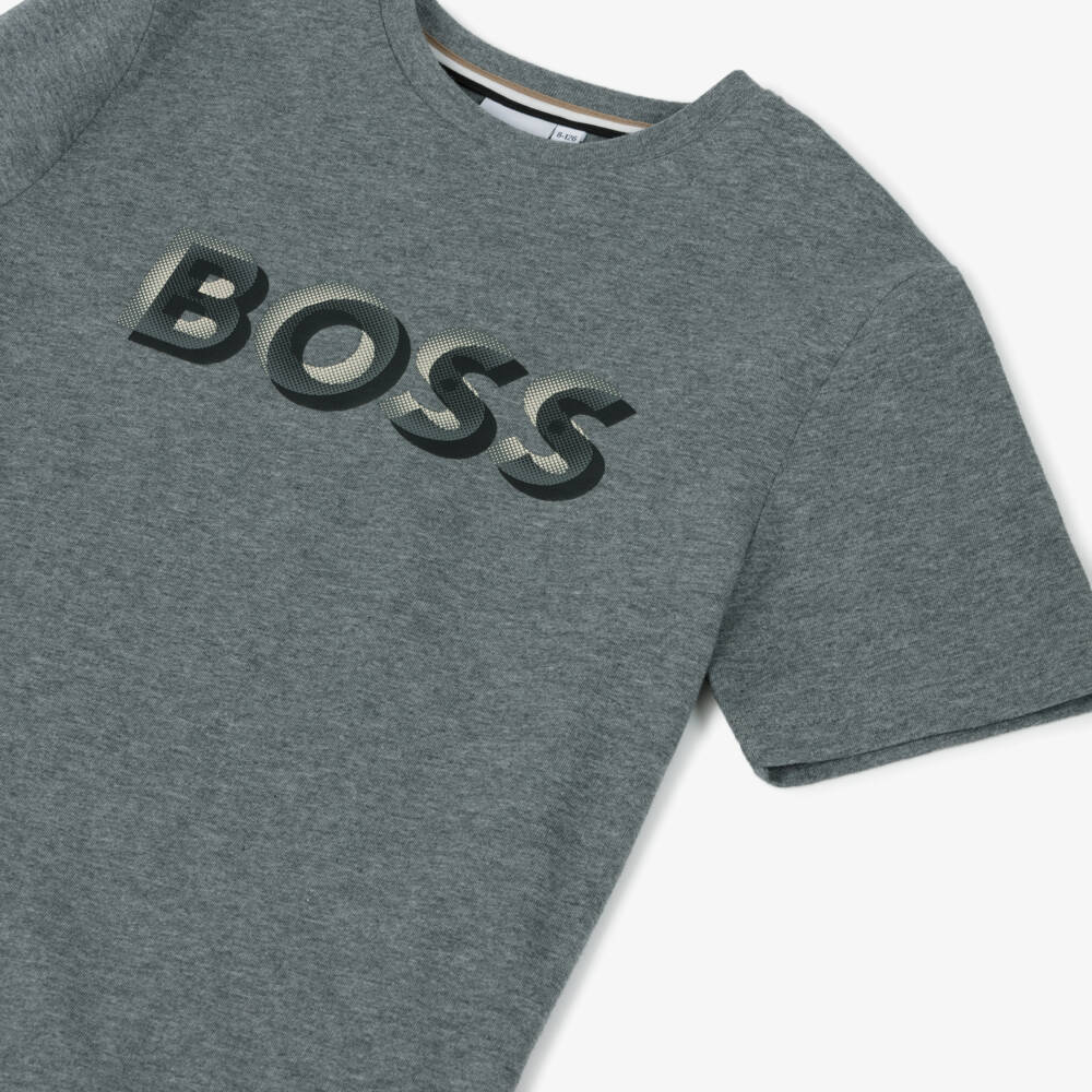 BOSS-Boys Grey Cotton 3D Logo T-Shirt | Childrensalon Outlet