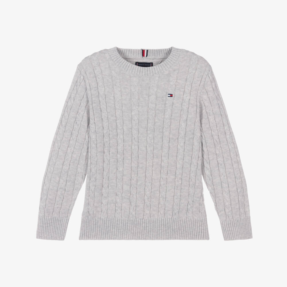 Tommy Hilfiger-Boys Grey Cotton Cable Knit Sweater | Childrensalon Outlet