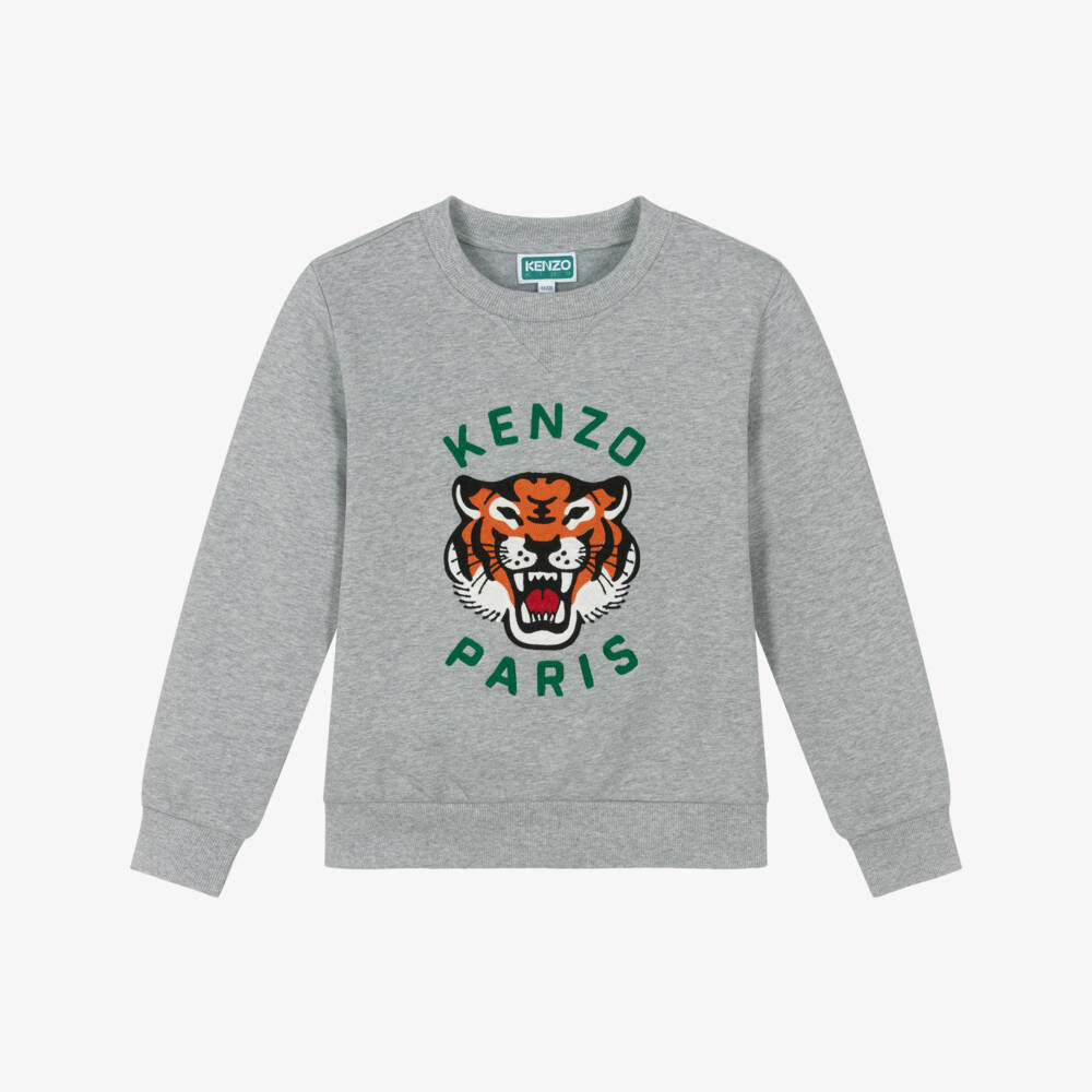 KENZO KIDS-سويت شيرت رمادي قطني بنقشة نمر للأولاد | Childrensalon Outlet