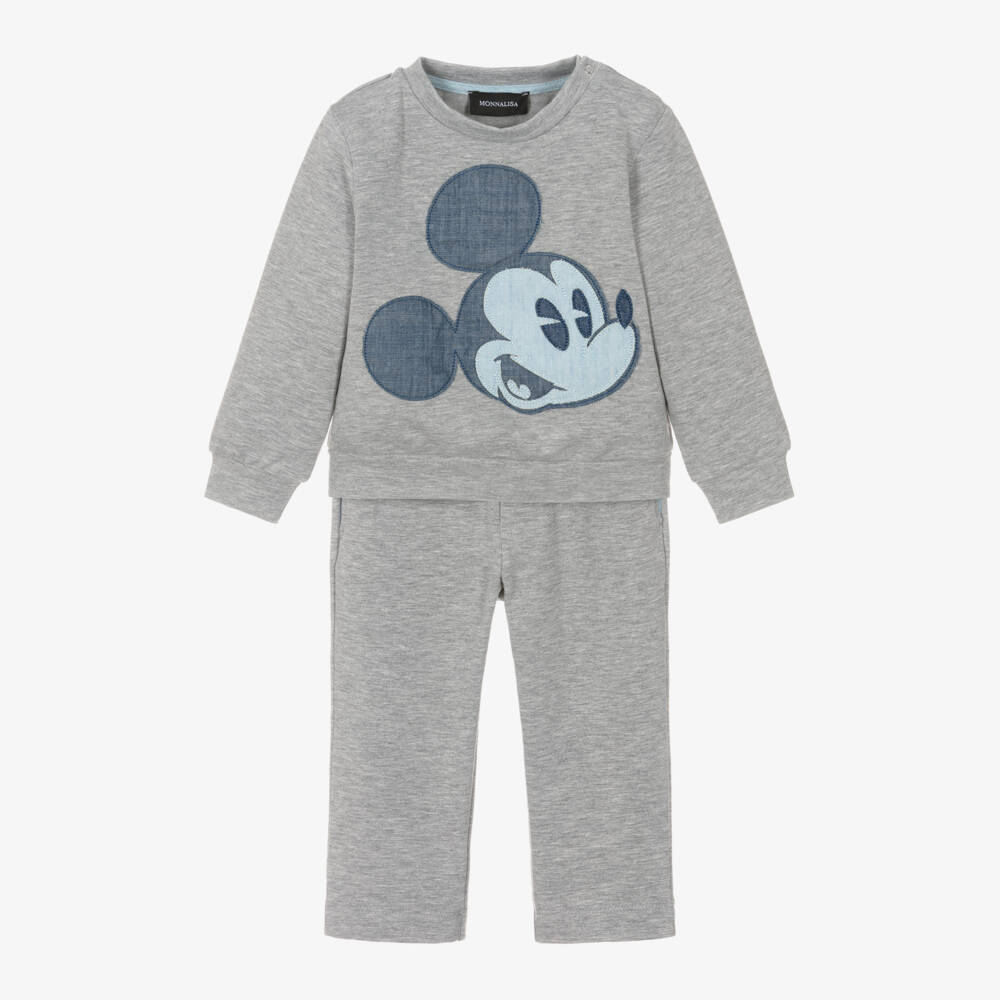 Monnalisa-Boys Grey Cotton Jersey Disney Tracksuit with Mickey Mouse | Childrensalon Outlet