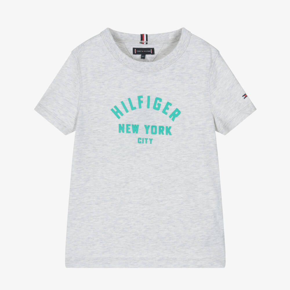 Tommy Hilfiger-Boys Grey Cotton T-Shirt with Green Curve Logo | Childrensalon Outlet