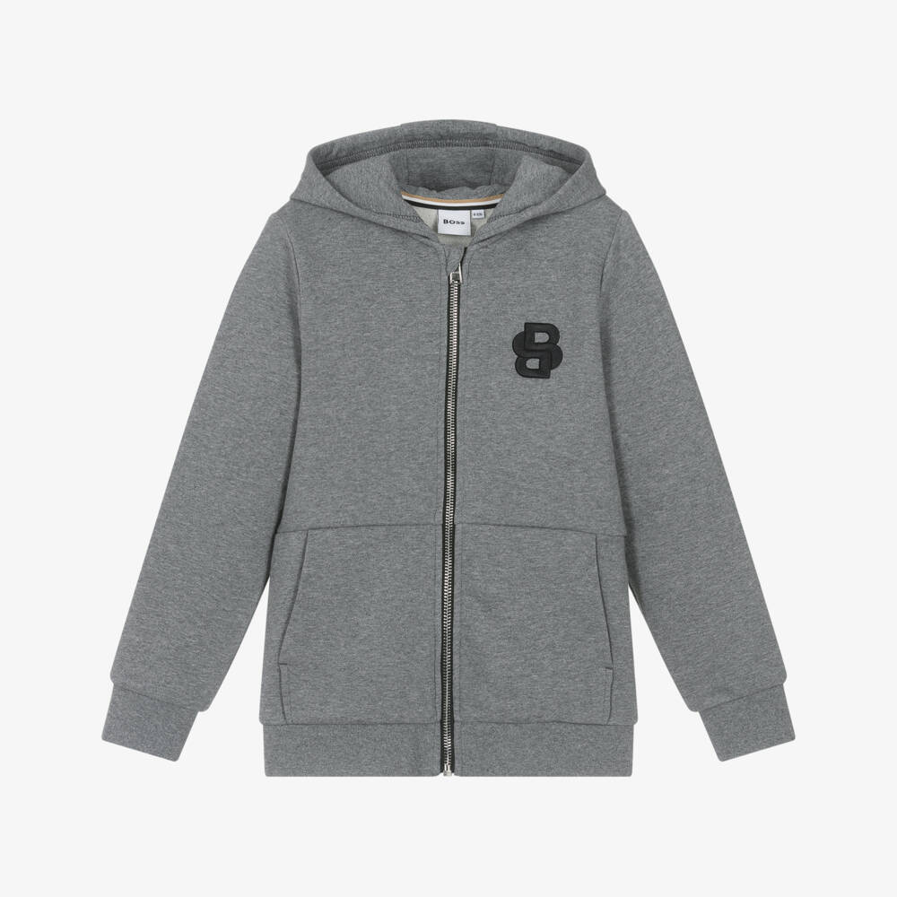 BOSS-Boys Grey Cotton Zip-Up Hoodie with Double B Monogram Logo | Childrensalon Outlet