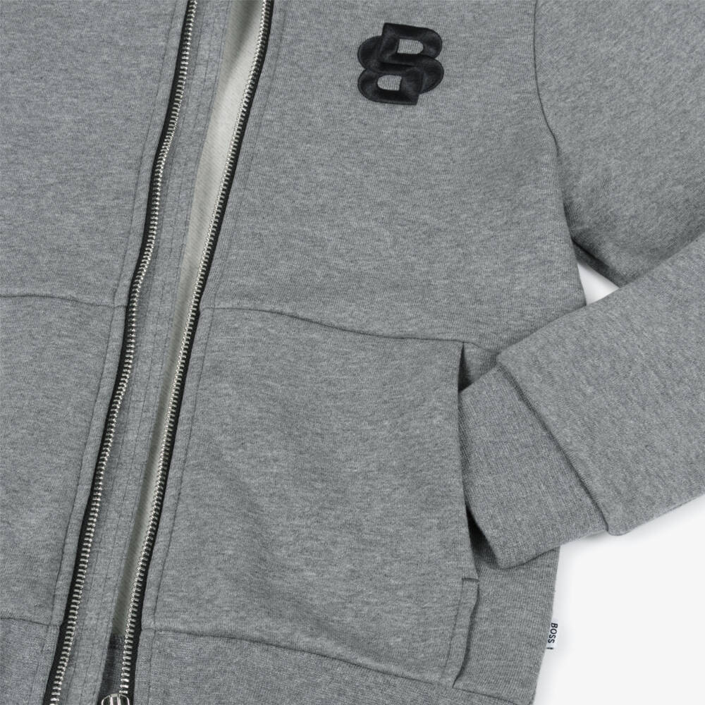 BOSS-Boys Grey Cotton Zip-Up Hoodie with Double B Monogram Logo | Childrensalon Outlet