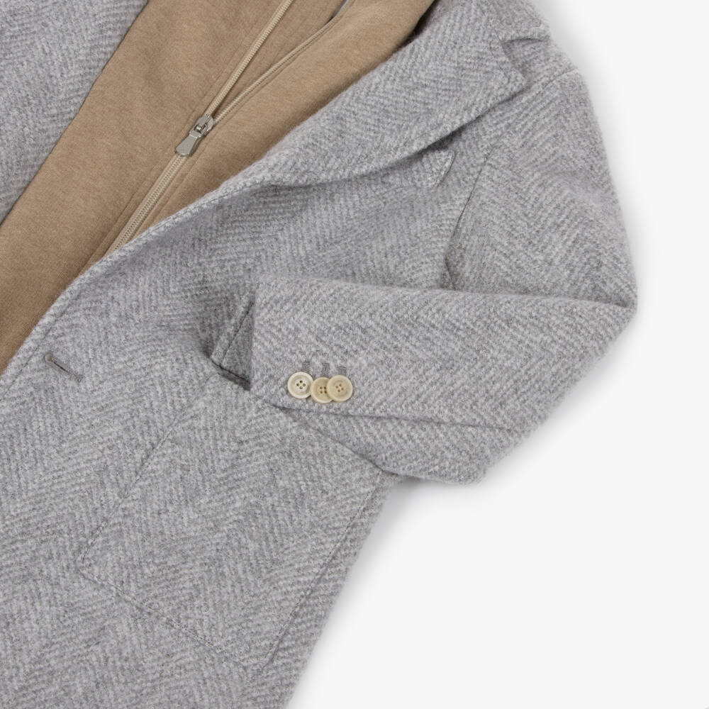 Eleventy-Boys Grey Herringbone Wool Coat with Beige Layering Detail | Childrensalon Outlet